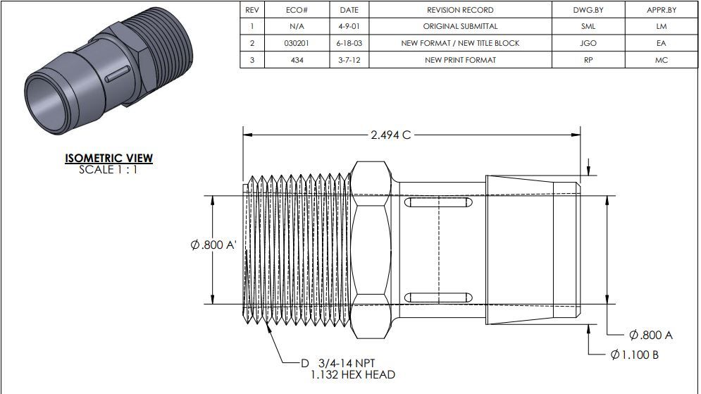 Adapter 3/4" NPT Thread x 1" Barb in Natural Kynar 740 - Cleanroom Manufactured
