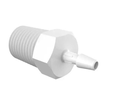 Adapter 1/4" NPT Thread x 1/8" Barb in Non-Animal Derived Polypropylene