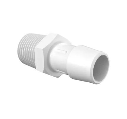 Adapter 1/2" NPT Thread x 5/8" Barb in White Polypropylene