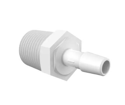 Adapter 1/2" NPT Thread x 5/16" Barb in White Polypropylene