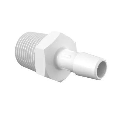 Adapter 1/2" NPT Thread x 3/8" Barb in Natural Kynar 740 - Cleanroom Manufactured