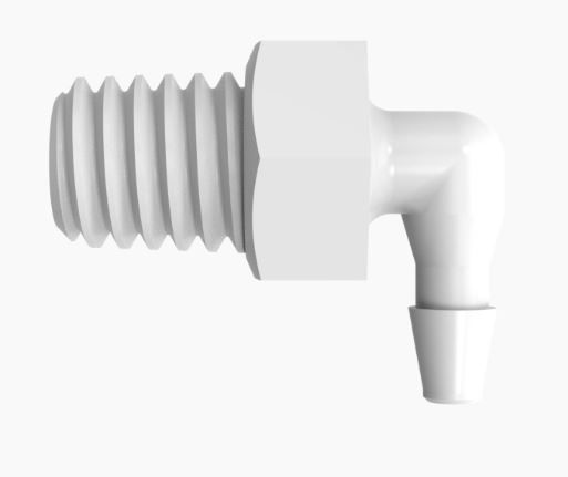 Elbow 10-32 Taper x 1/16" Barb in Medical Grade Nylon