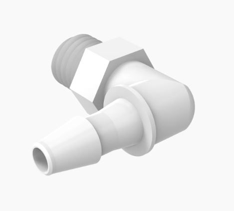 Elbow 1/4"-28 UNF Thread x 1/8" Barb Natural Nylon