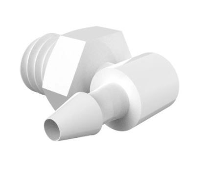 Elbow 10-32 UNF Thread x 1/16" Barb, white nylon