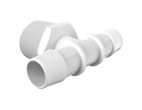White Polypropylene Tee 1" NPT x 3/4" Hose Barb