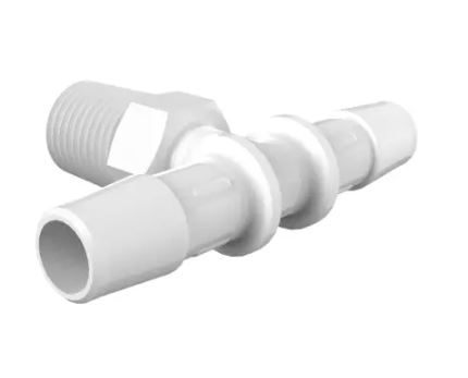 White propylene Tee 1/4" NPT-3/8" Barb