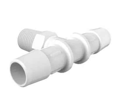 White Polypropylene Tee 1/4" NPTx1/8" Barb