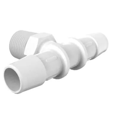 White Propylene Tee 3/8" NPTx1/2" Barb