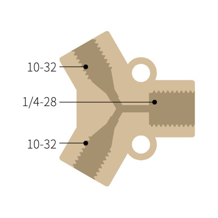 PEEK Y-Adapter mit 1 * 1/4-28 UNF, 2 * 10-32 UNF Innengewinde – 0,8mm Kanaldurchmesser