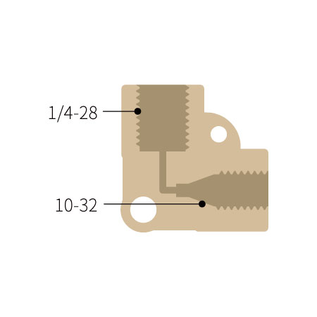 PEEK L-Adapter mit 1 * 1/4-28 UNF. 1 * 10-32 UNF Innengewinde – 1,25mm Kanaldurchmesser