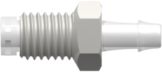 Threaded UNF Fitting 1/4-28 UNF Bottom Sealing Rotating Thread to Barb, 1/8 (3.2 mm) ID Tubing, White Nylon over Animal-Free Polypropylene