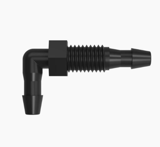 Bulkhead Elbow 1/4-28 UNF Thread x 1/8 Barb x 1/8 Barb in Black Nylon