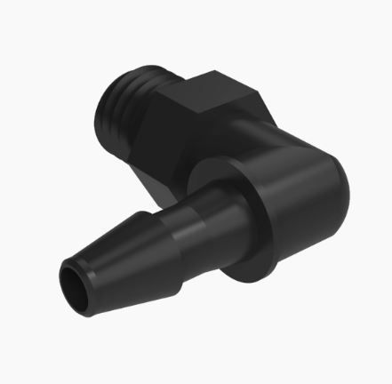 Elbow 1/4-28 UNF Thread x 1/8 Barb in Black Nylon