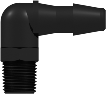 Threaded NPT Fitting 1/8-27 NPT Thread Elbow to Barb, 1/4 (6.4 mm) ID Tubing, Black Nylon