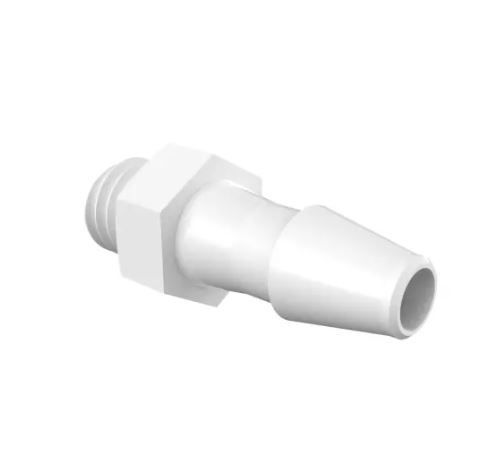 Adapter 10-32 UNF Thread x 1/8 Barb in White Polypropylene